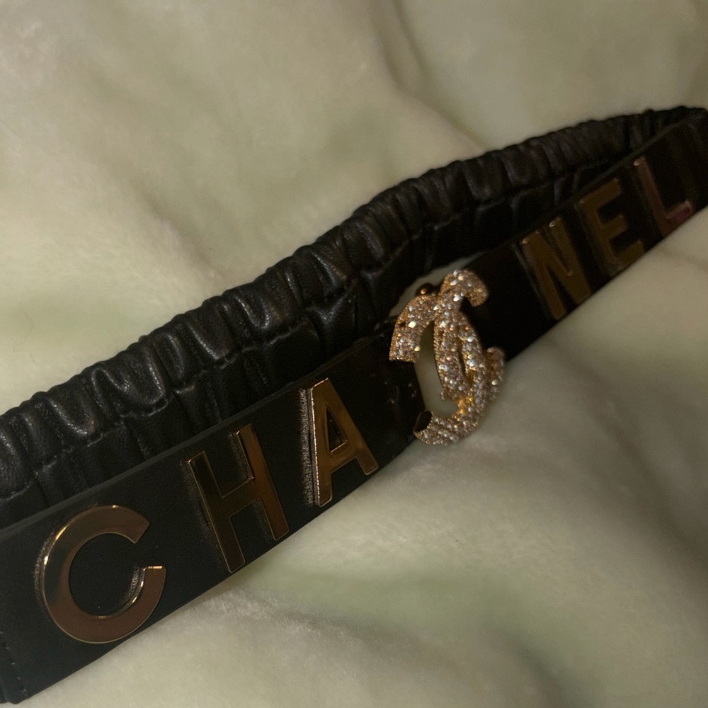 Gold CHA NEL Crystal interlocking CC Black Leather Scrunch Waist Belt & Box XS S - Picture 10 of 14